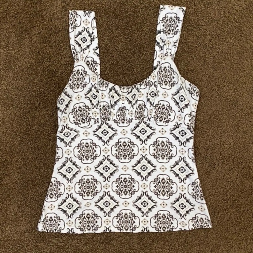 Sleeveless White Tank Top with Brown Tile Print - Women